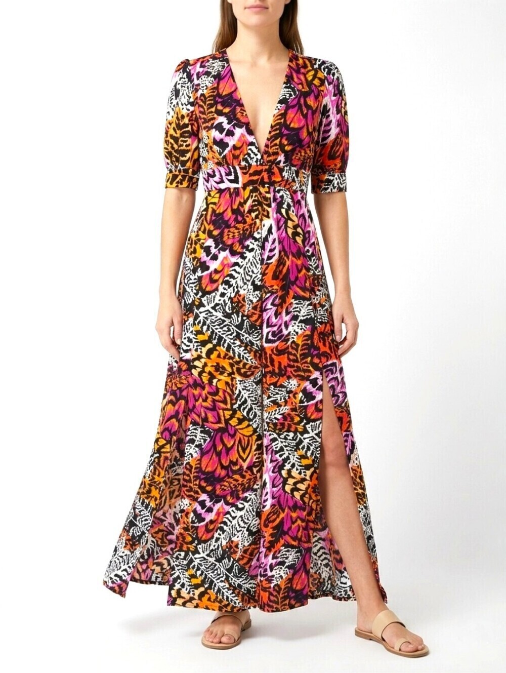 & Other Stories Tropical Print Maxi Dress Slit Empire Waist XS